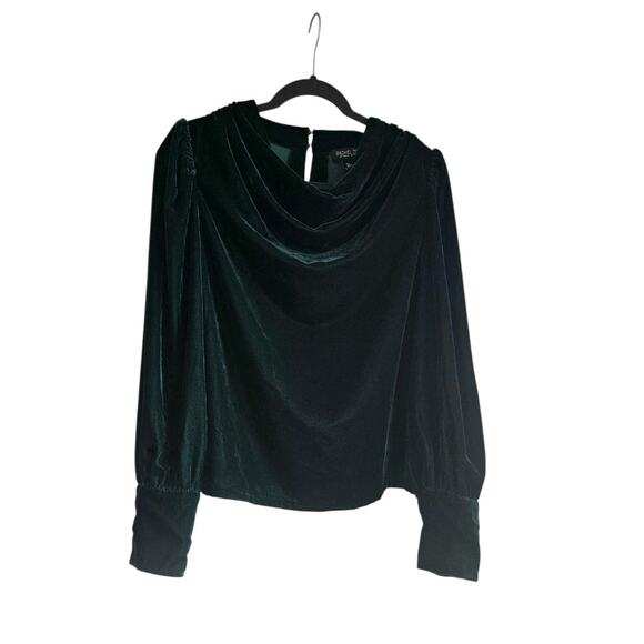 Rachel Zoe Womens L Drape Neck Velvet Blouse Cuffed Long Sleeve Emerald Green - Picture 1 of 9